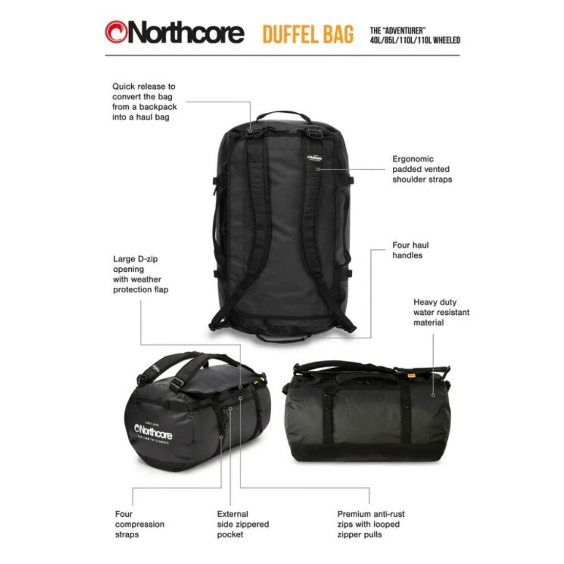 Northcore 110L Duffel Bag - Black - Duffle Bag by Northcore 110L