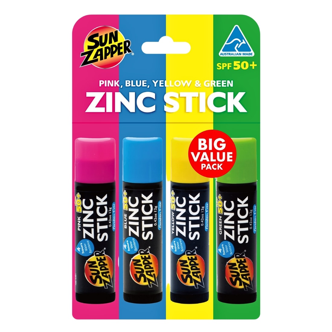 Sun Zapper Coloured SPF 50+ Zinc Stick 4 Pack - Rainbow