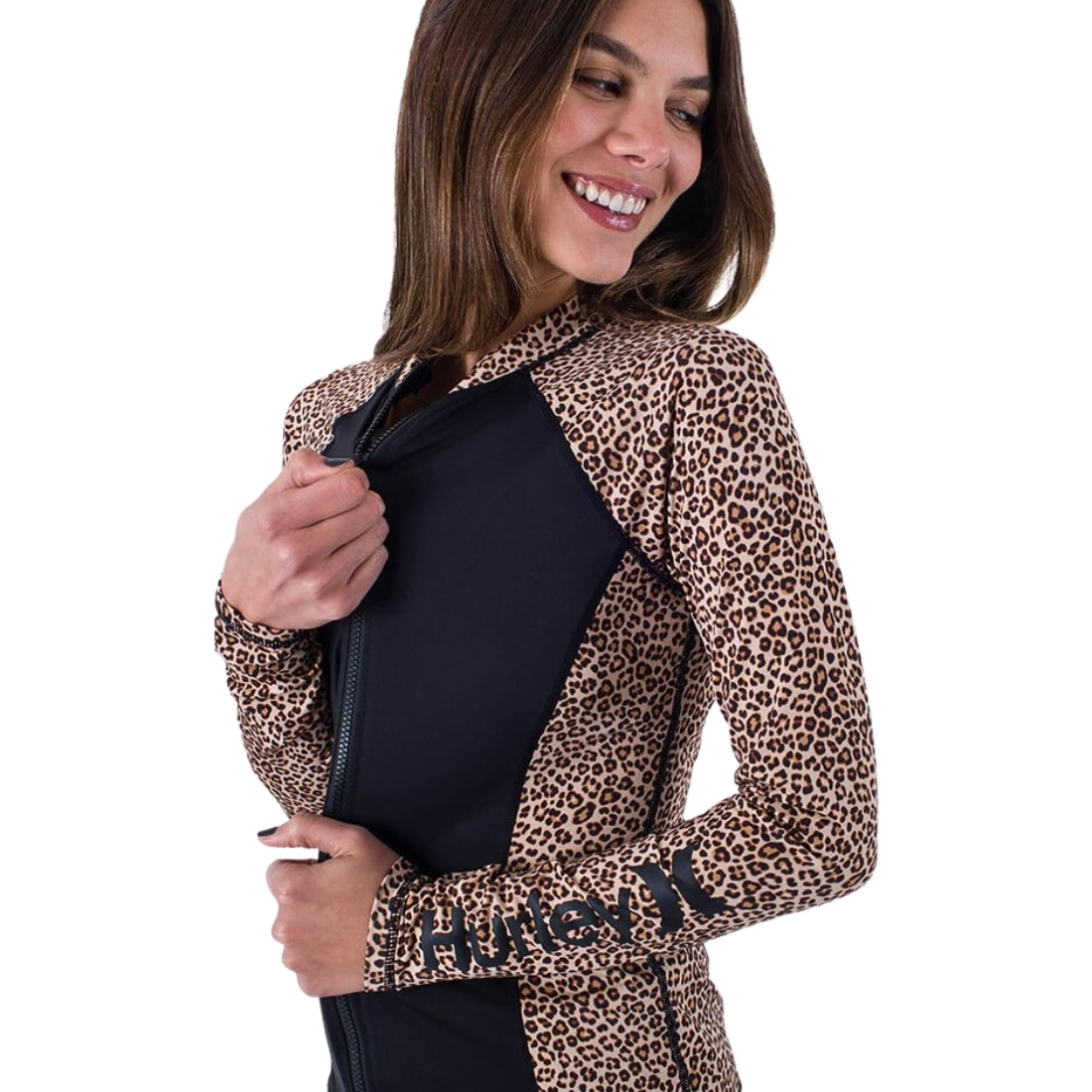 Hurley Womens Leopard Front Zip Long Sleeve UV Rashguard - Brown Sugar - Womens UV Rash Vest by Hurley