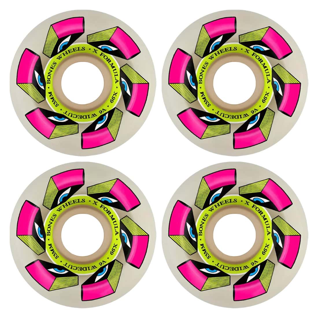 Bones Look Book 53mm Widecut X-Formula V6 99A Skateboard Wheels - White - Skateboard Wheels by Bones 53mm