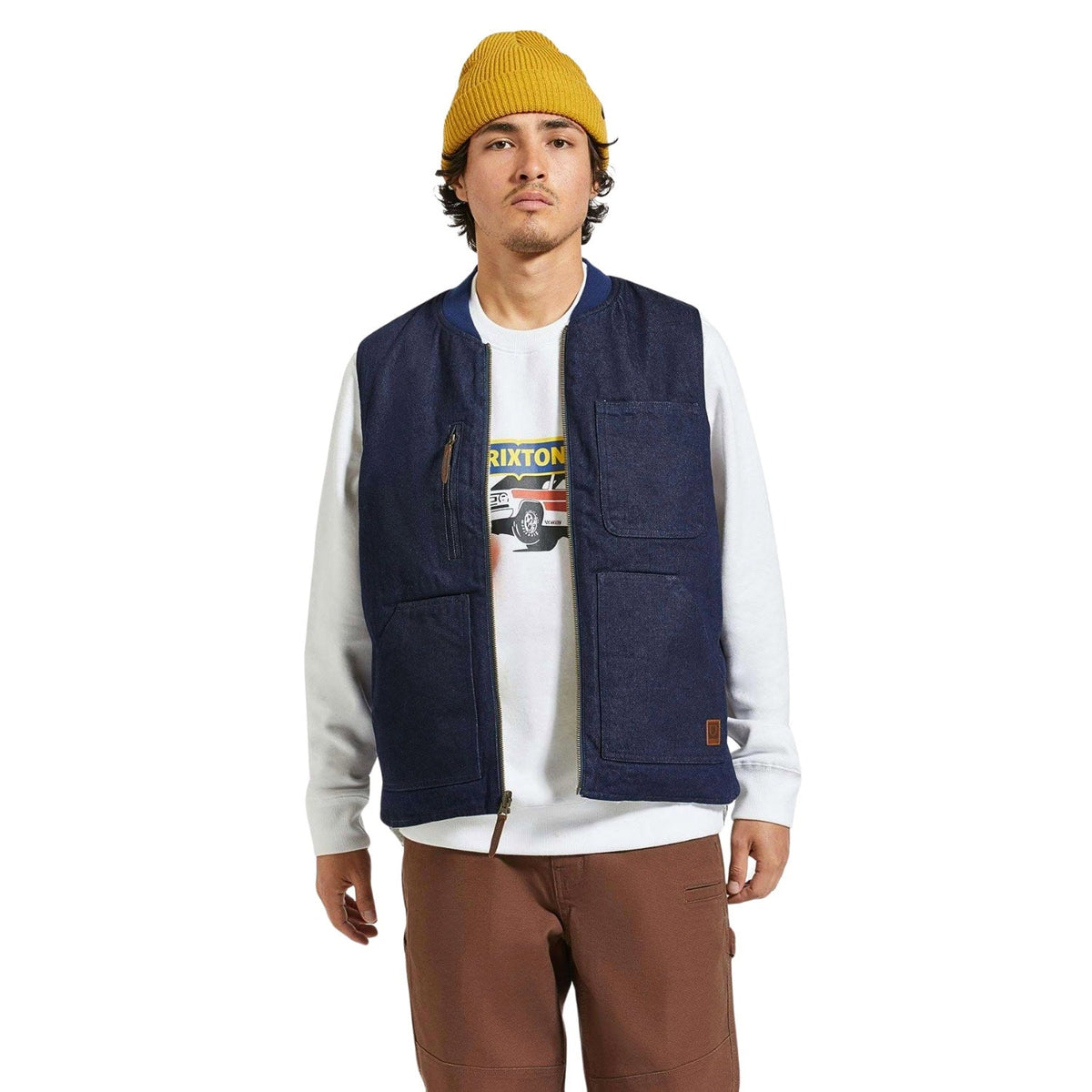 Brixton Builders Abraham Reversible Vest Gillet - Rinse Denim/Sherpa - Mens Gilet Jacket by Brixton