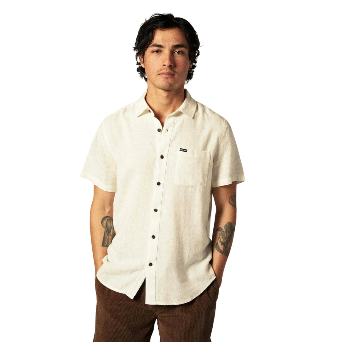 Brixton Charter Organic Cotton Linen Shortsleeve Woven Shirt - Egret White