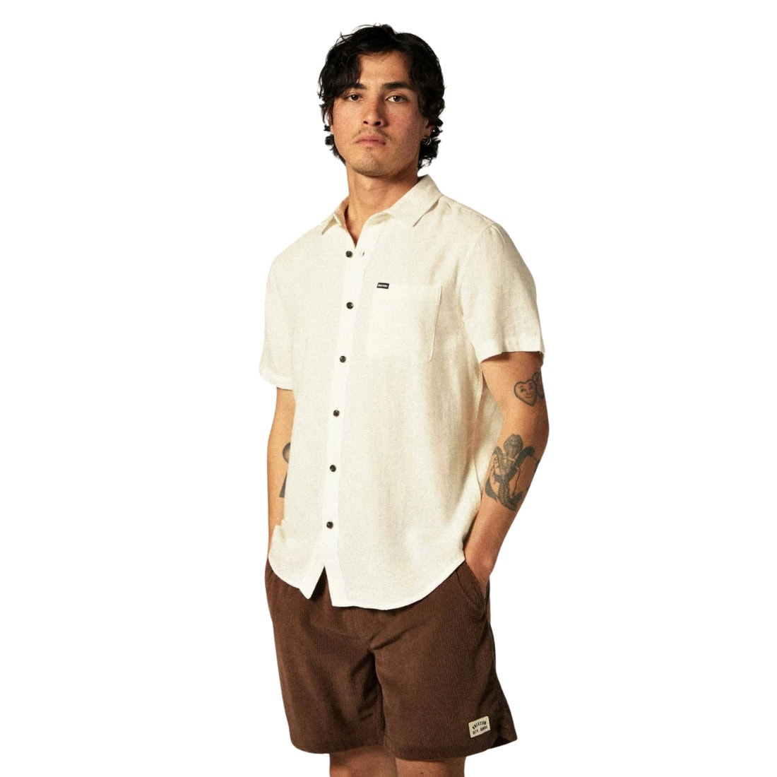 Brixton Charter Organic Cotton Linen Shortsleeve Woven Shirt - Egret White