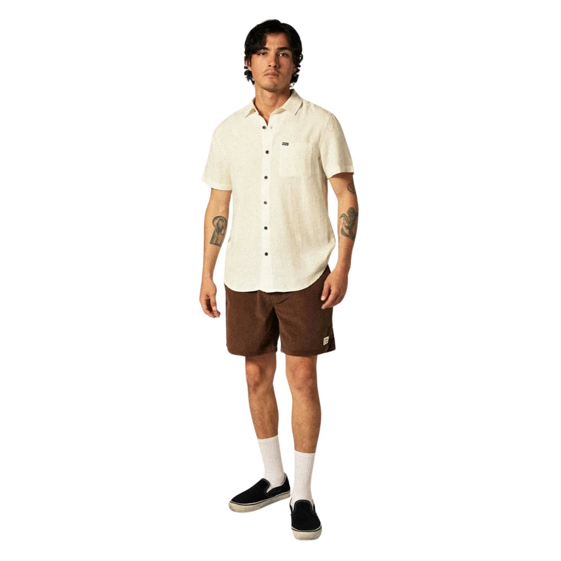 Brixton Charter Organic Cotton Linen Shortsleeve Woven Shirt - Egret White