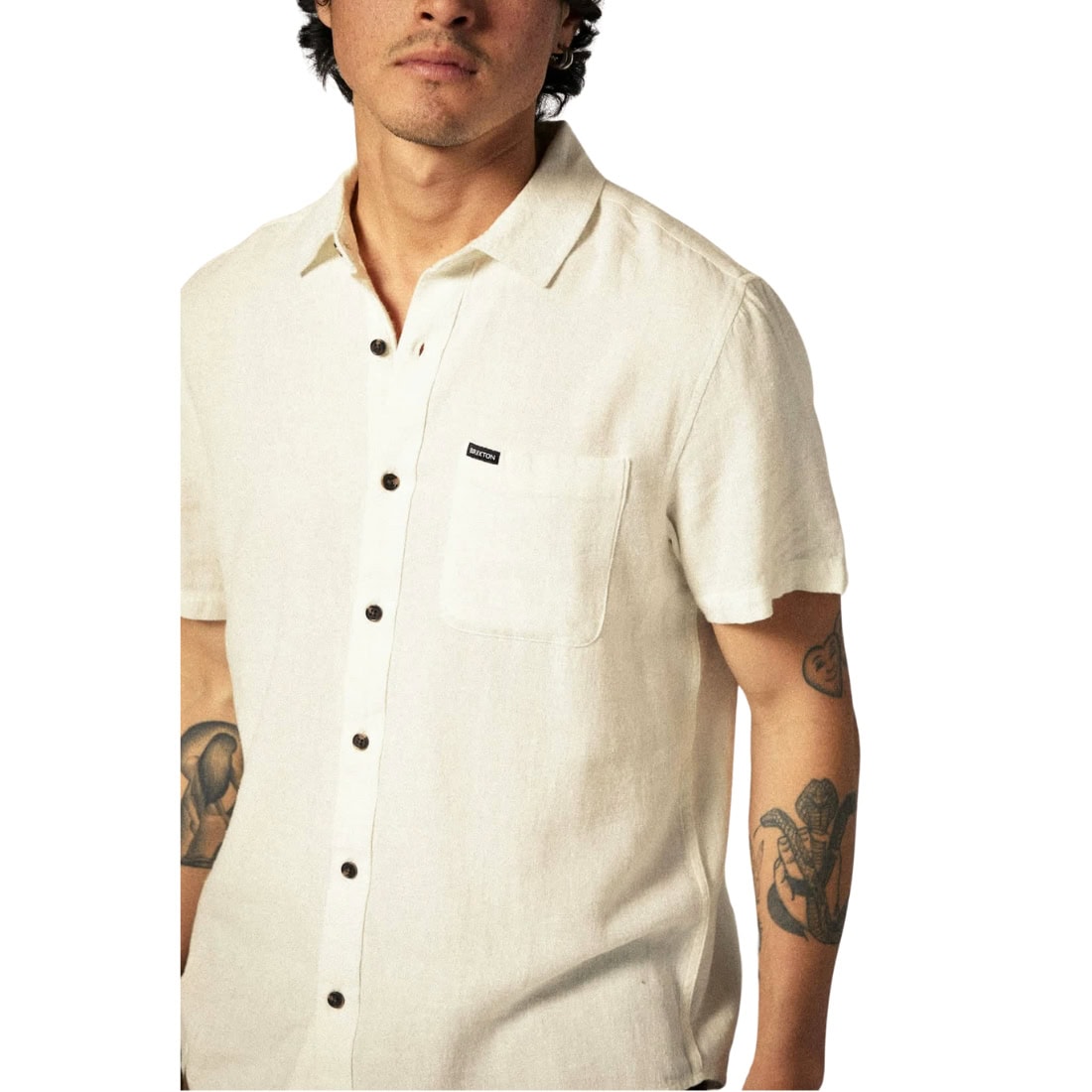 Brixton Charter Organic Cotton Linen Shortsleeve Woven Shirt - Egret White