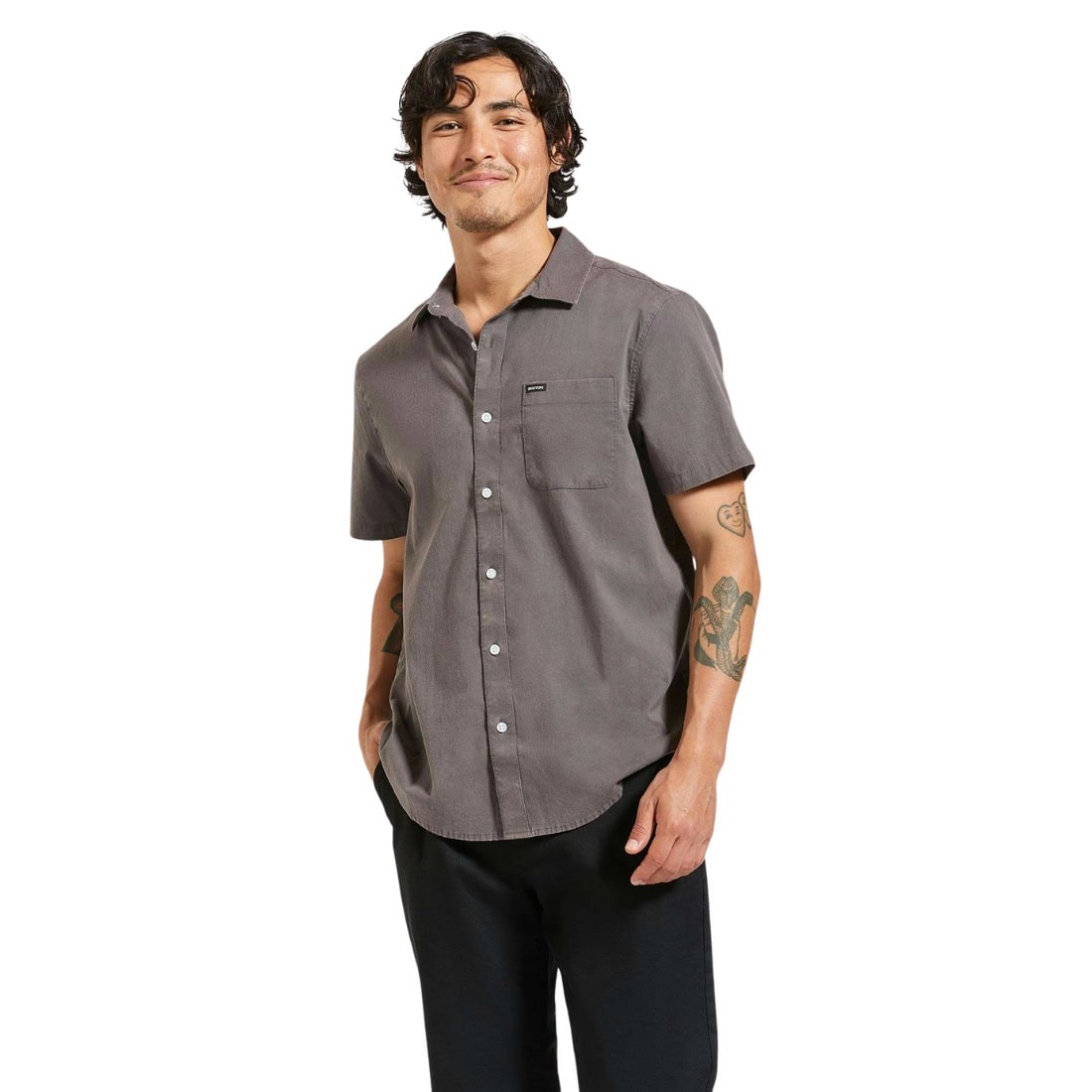 Brixton Charter Sol Wash Short Sleeve Shirt - Charcoal Sol Wash - Mens Flannel Shirt by Brixton