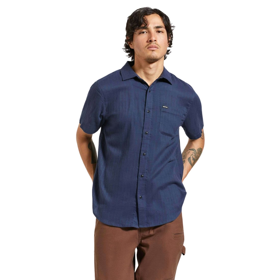 Brixton Charter Stripe Short Sleeve Shirt - Washed Navy/Black - Mens Flannel Shirt by Brixton