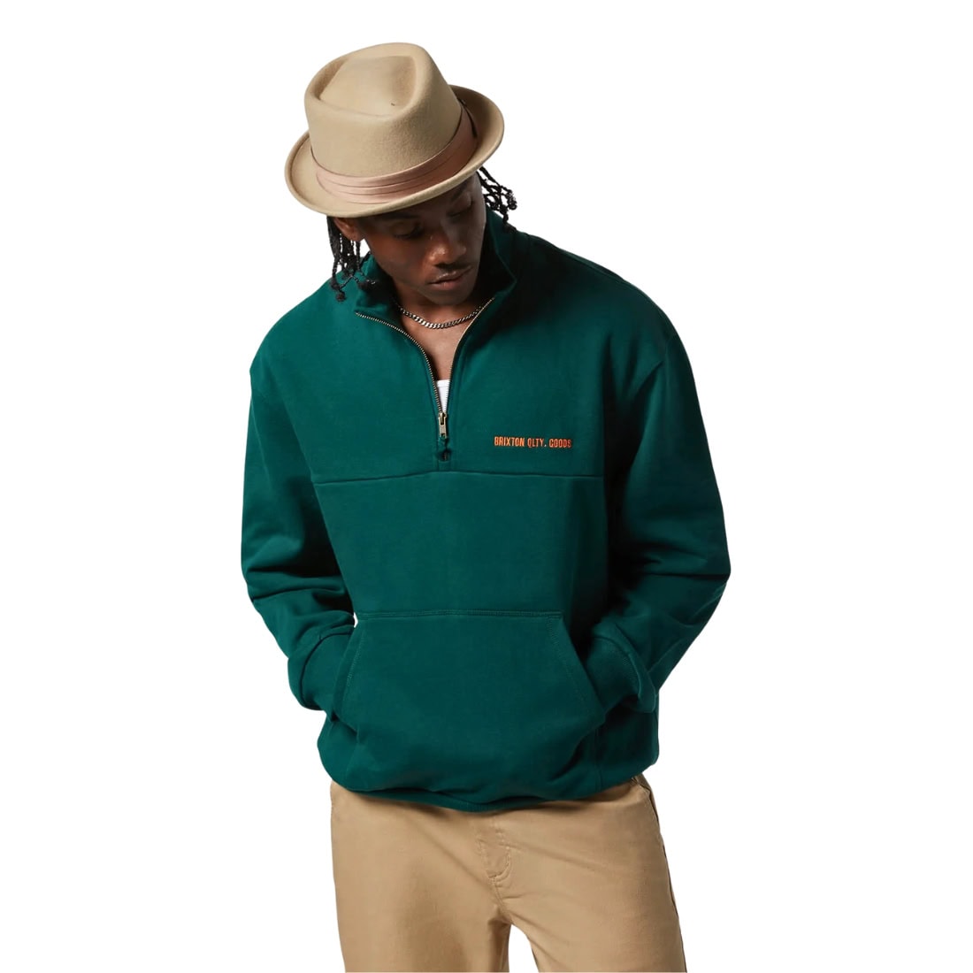 Brixton Embroidered Heavyweight Half Zip - Deep Emerald