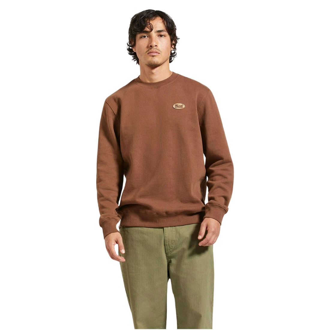 Brixton Parson Patch Crewneck Sweatshirt Pinecone Brown Free UK Delivery Yakwax