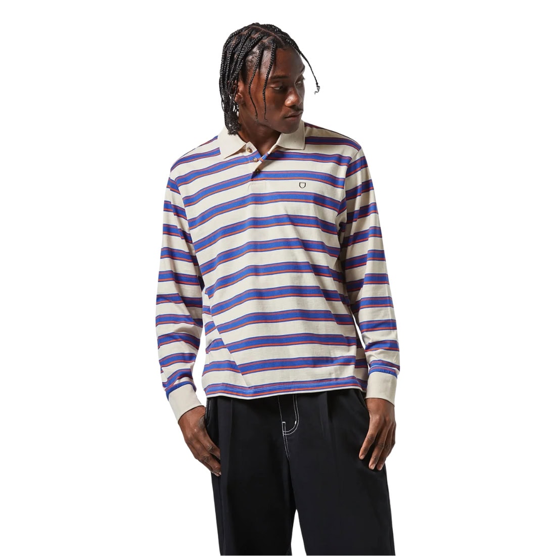 Brixton Vintage Stripe Longsleeve Polo Knit - Electric Blue/Flame/Whitecap