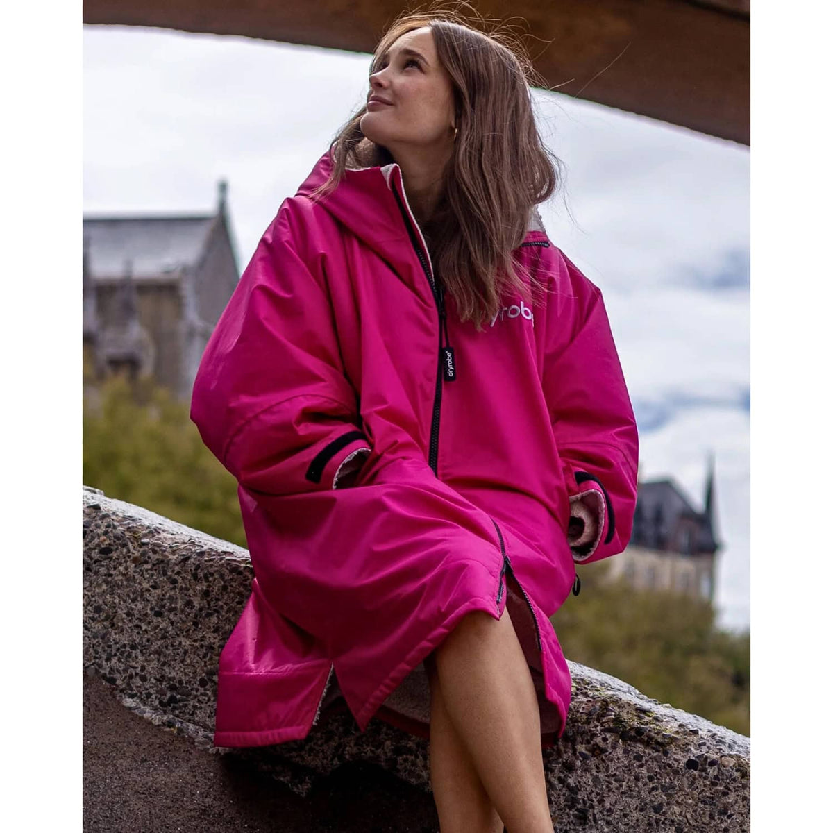 Dryrobe Advance Long Sleeve Drying &amp; Changing Robe - Pink/Light Grey - Changing Robe Poncho Towel by Dryrobe