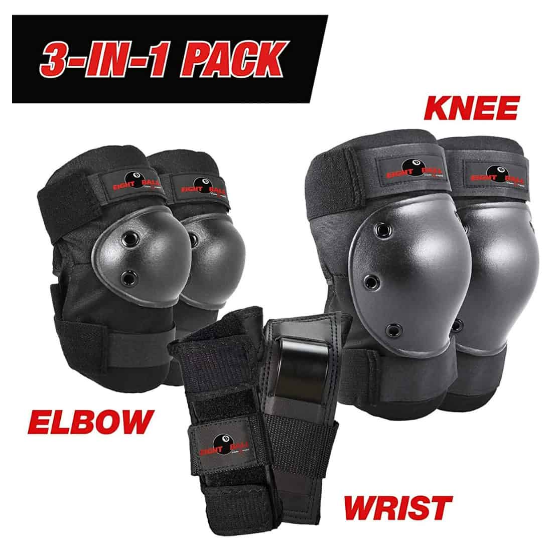 Eight Ball 3 Kids Piece Pad Set - Black - Skateboard Pad Sets by Eight Ball JR/XS