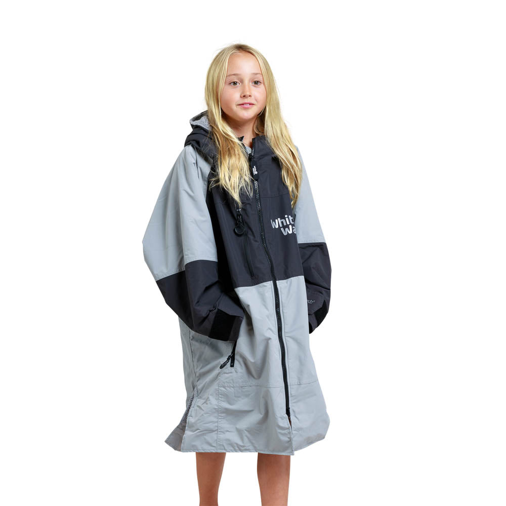 White Water Kids Hard Shell Childrens Drying / Changing Robe - Grey/Black/Grey Lining - Changing Robe Poncho Towel by White Water One Size