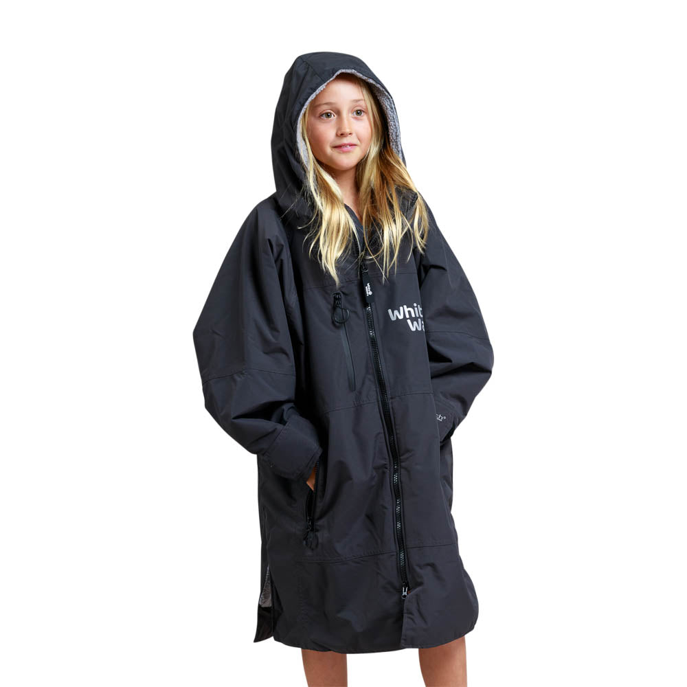 White Water Kids Hardshell Childrens Drying / Changing Robe - Black/Grey Lining - Changing Robe Poncho Towel by White Water One Size