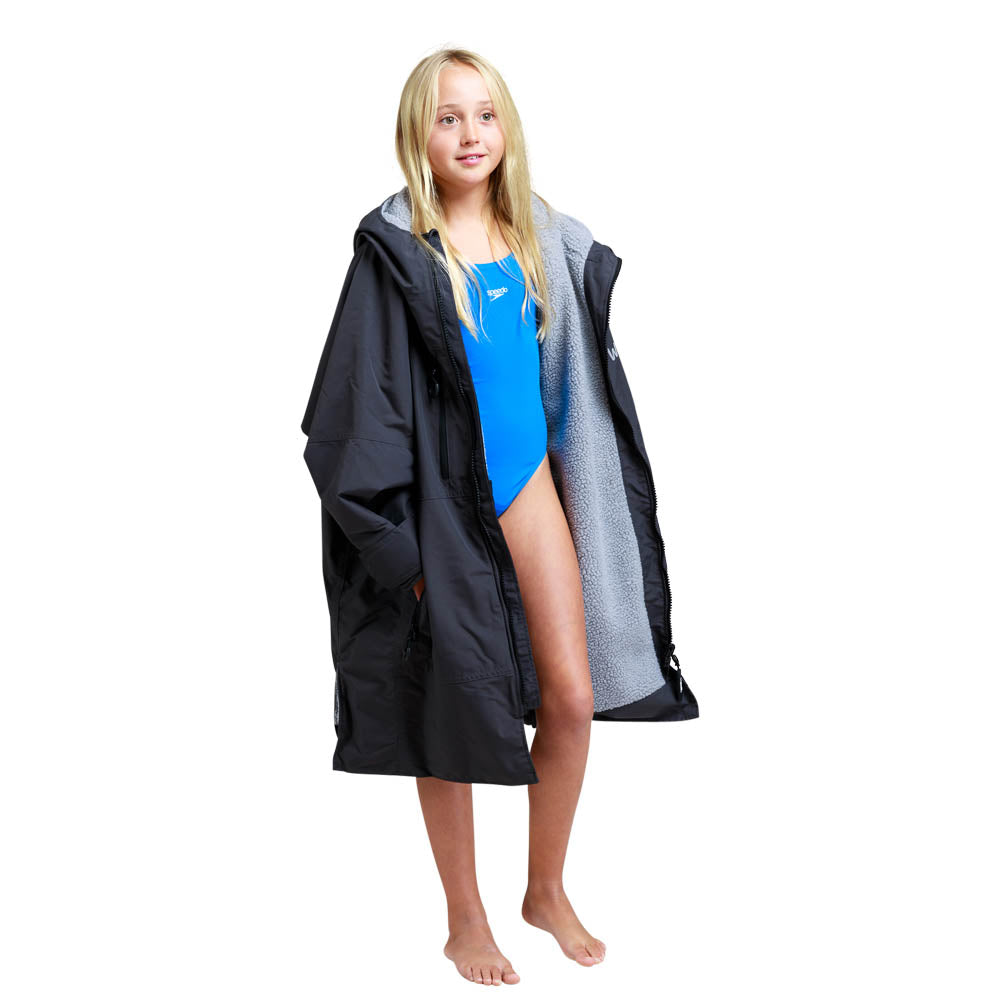 White Water Kids Hard Shell Childrens Drying / Changing Robe - Black/Grey Lining - Changing Robe Poncho Towel by White Water One Size