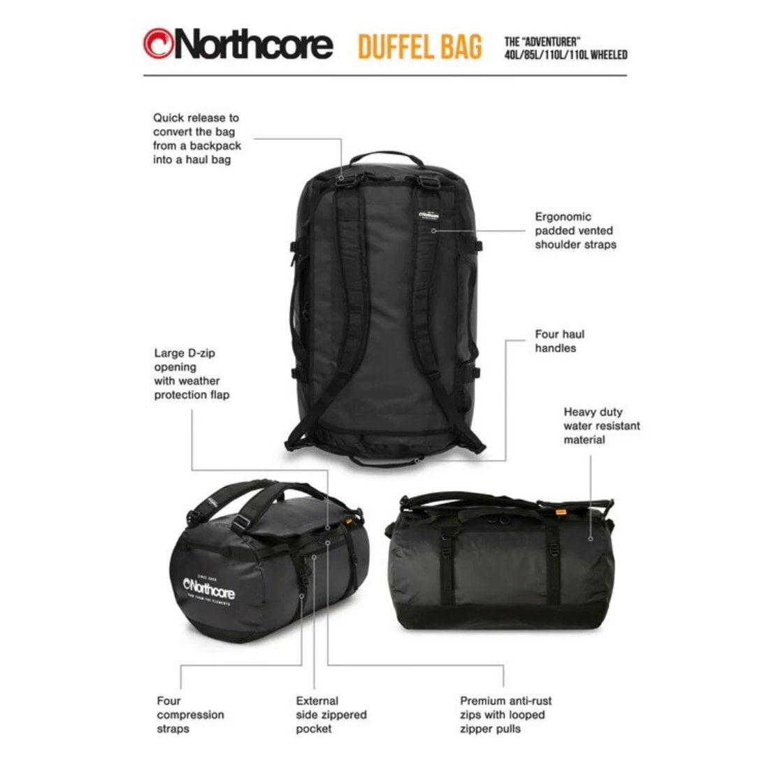 Northcore 40L Duffel Bag - Black - Duffle Bag by Northcore 40L