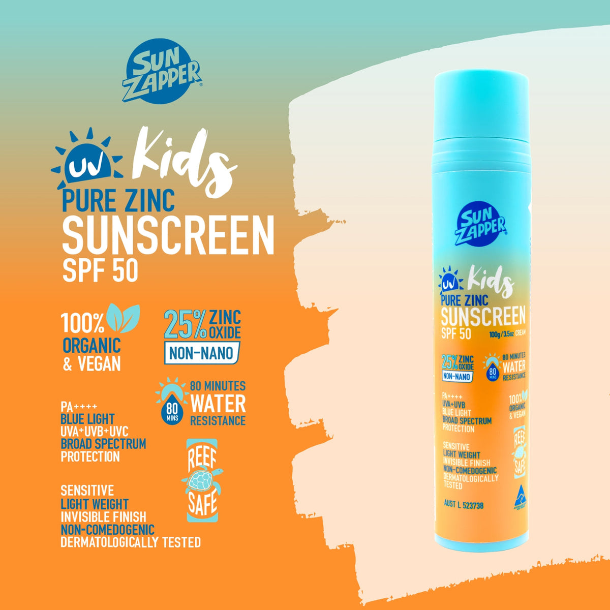 Sun Zapper Pure Zinc Kids Sunscreen SPF50 Pump Bottle - Sunscreen by Sun Zapper 100g
