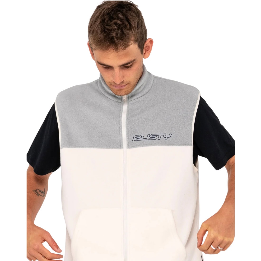 Rusty Tasty Ice Polar Fleece Vest Gillet - Oyster Grey/Ecru - Mens Zip Up Hoodie by Rusty