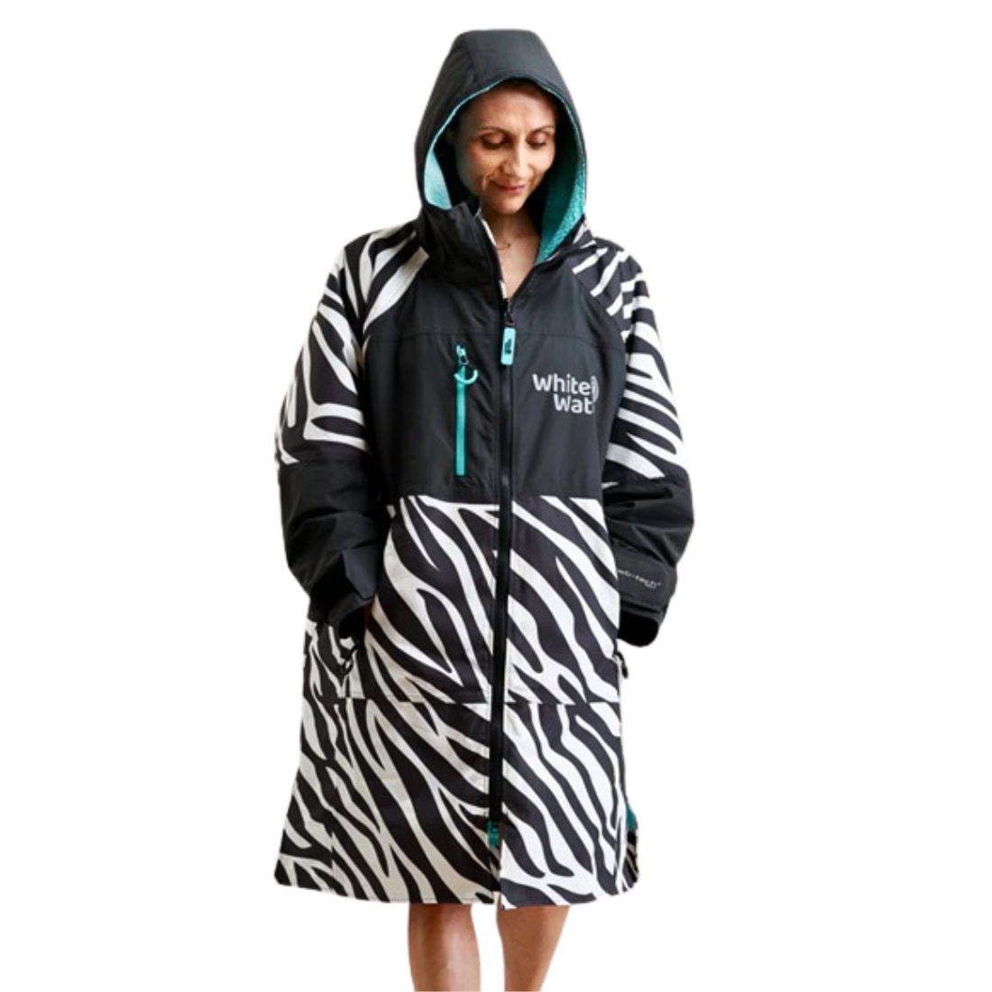 White Water Adults Hard Shell Change Robe - Zebra Print/Blue Lining - Changing Robe Poncho Towel by White Water