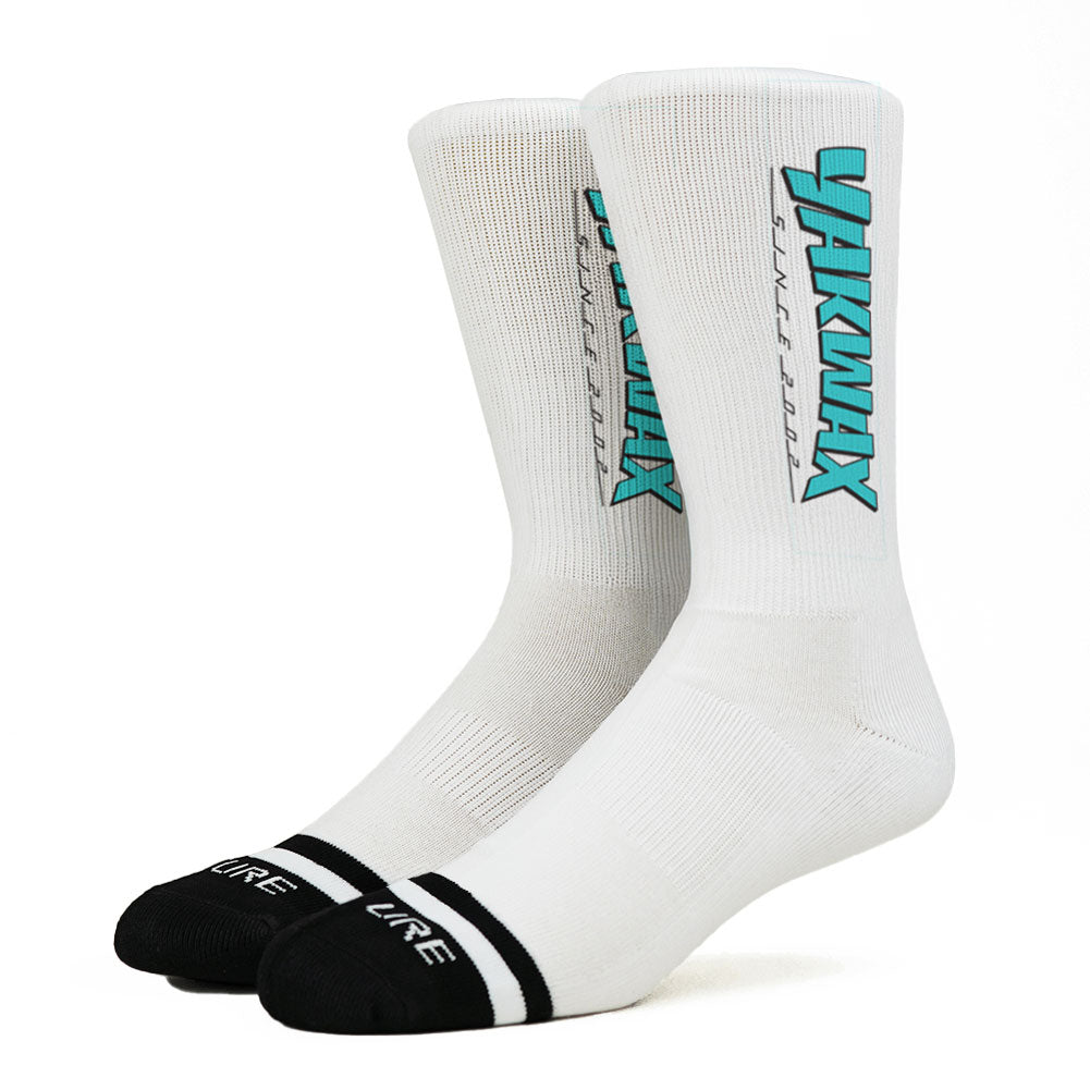 Yakwax Magazine Socks - White/Blue - Unisex Crew Length Socks by Yakwax