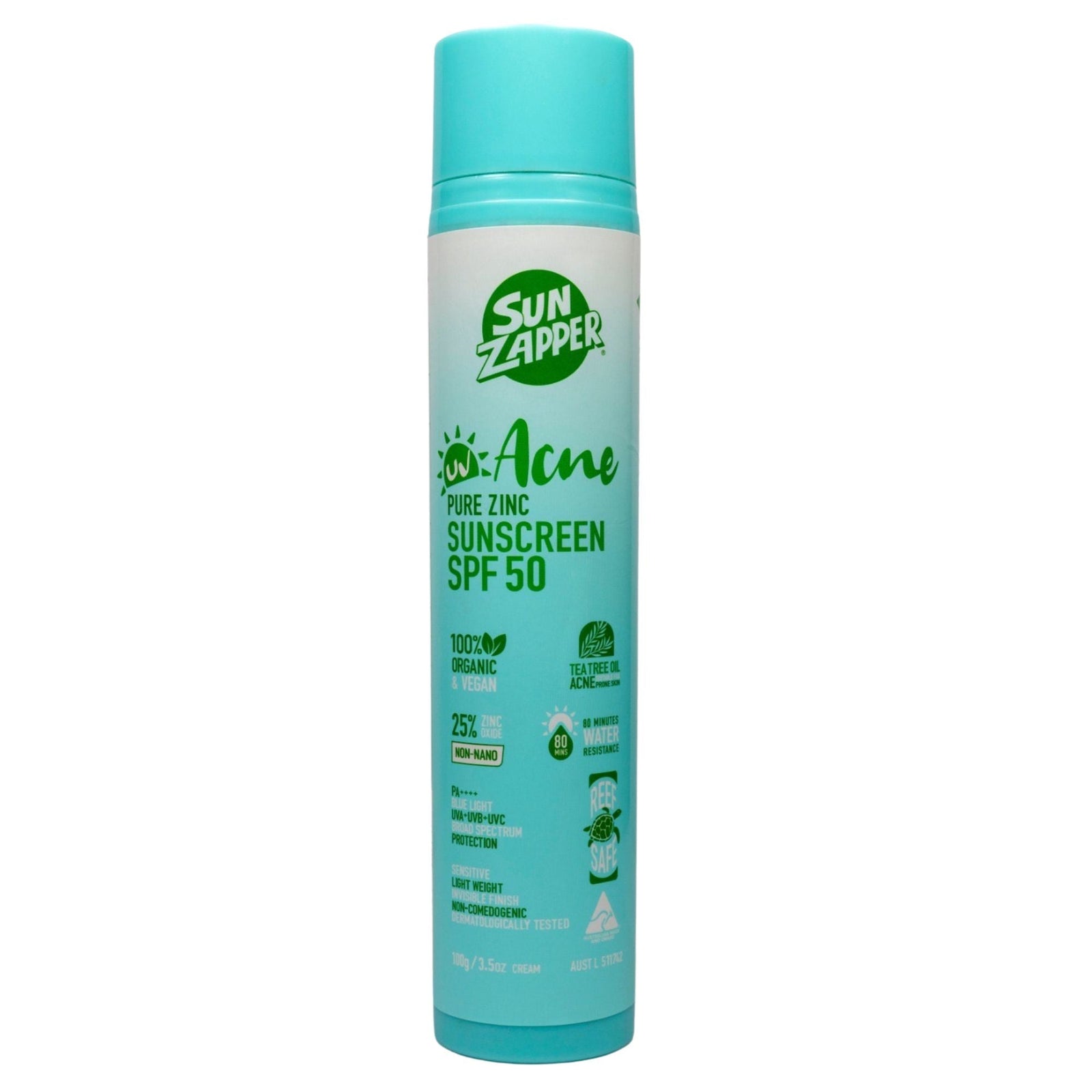 Sun Zapper Pure Zinc Acne Sensitive Skin Sunscreen SPF50 Pump Bottle - Sunscreen by Sun Zapper 100g