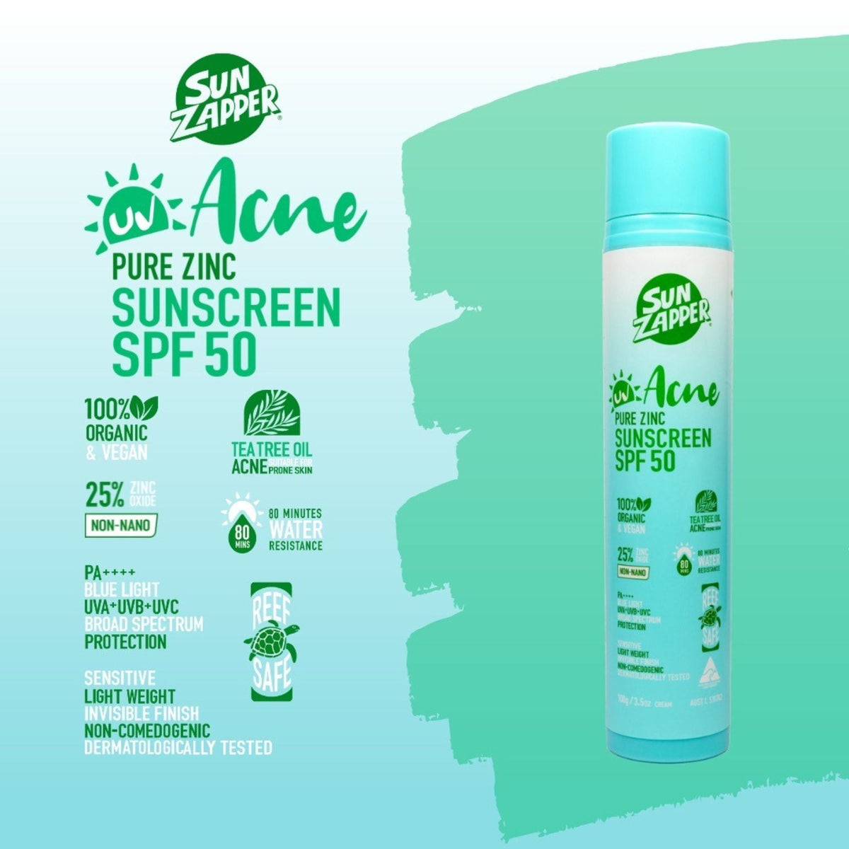 Sun Zapper Pure Zinc Acne Sensitive Skin Sunscreen SPF50 Pump Bottle - Sunscreen by Sun Zapper 100g