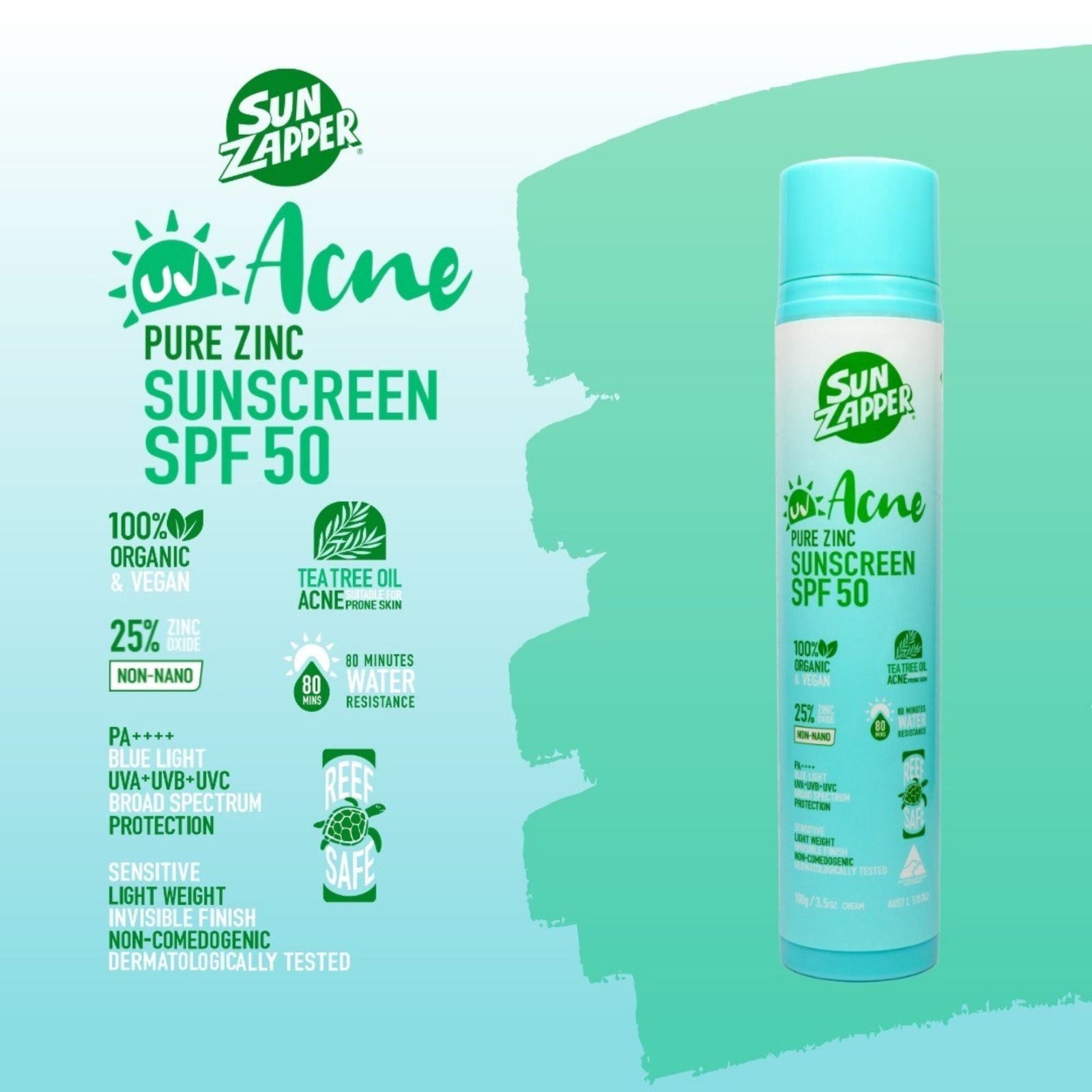 Sun Zapper Pure Zinc Acne Sensitive Skin Sunscreen SPF50 Pump Bottle - Sunscreen by Sun Zapper 100g