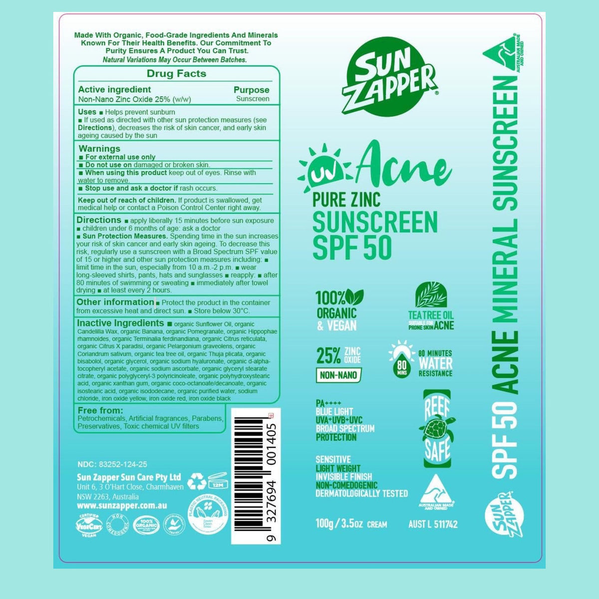 Sun Zapper Pure Zinc Acne Sensitive Skin Sunscreen SPF50 Pump Bottle - Sunscreen by Sun Zapper 100g