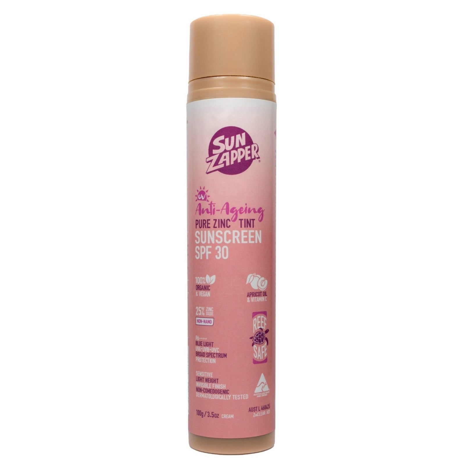Sun Zapper Pure Zinc Anti-Ageing Tinted Sunscreen SPF30 Pump Bottle - Sunscreen by Sun Zapper 100g