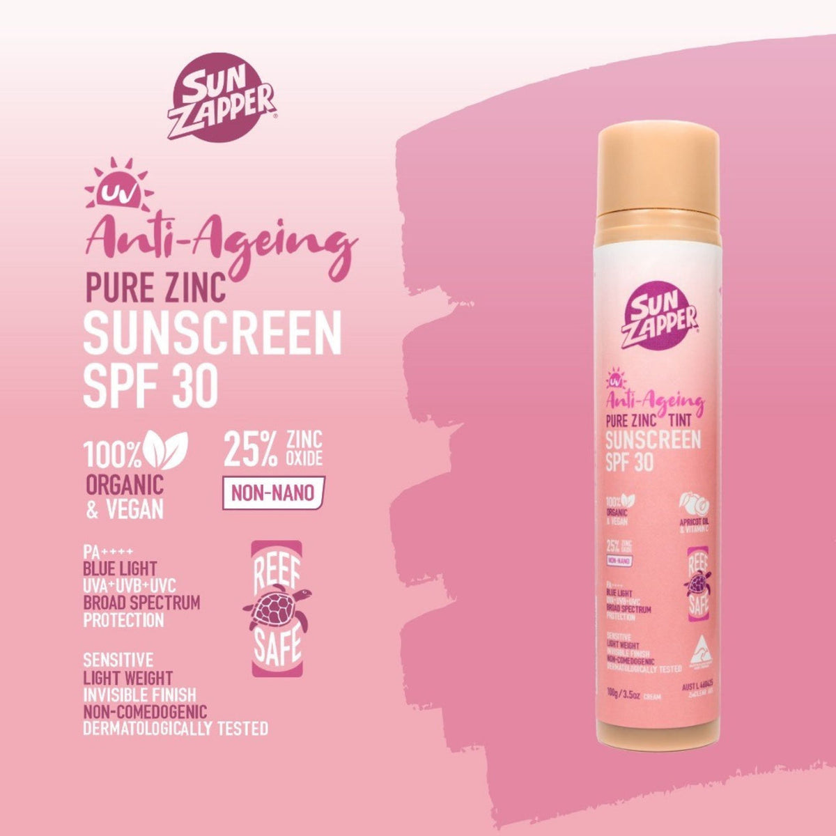 Sun Zapper Pure Zinc Anti-Ageing Tinted Sunscreen SPF30 Pump Bottle - Sunscreen by Sun Zapper 100g