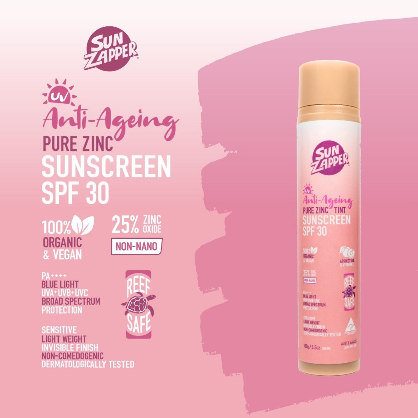 Sun Zapper Pure Zinc Anti-Ageing Tinted Sunscreen SPF30 Pump Bottle - Sunscreen by Sun Zapper 100g