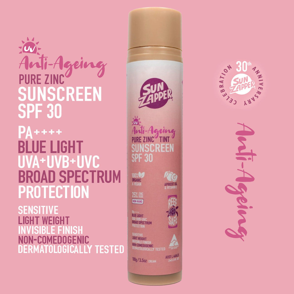 Sun Zapper Pure Zinc Anti-Ageing Tinted Sunscreen SPF30 Pump Bottle - Sunscreen by Sun Zapper 100g