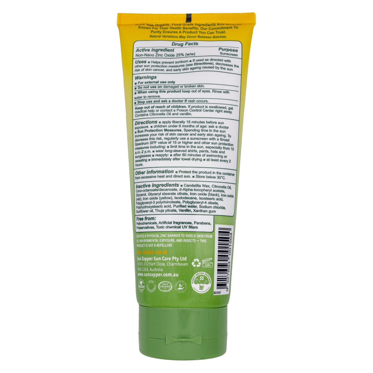 Sun Zapper Pure Zinc Anti Mozzie Sunscreen SPF50 Pump Bottle - Sunscreen by Sun Zapper 100g