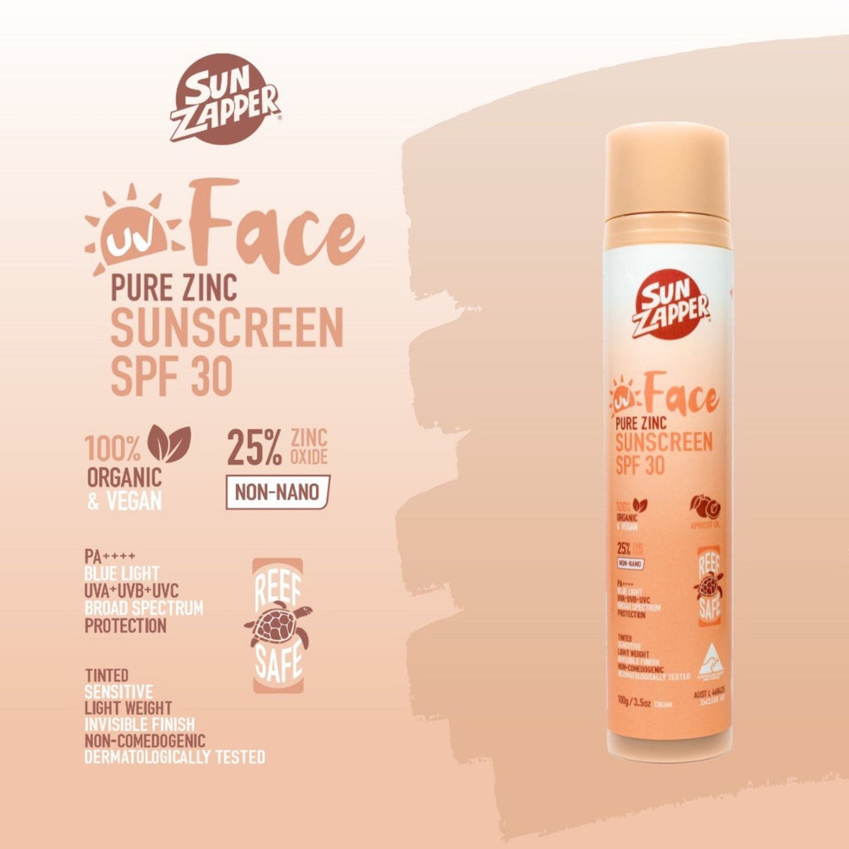 Sun Zapper Pure Zinc Tinted Face Sunscreen SPF30 Pump Bottle - Sunscreen by Sun Zapper 100g