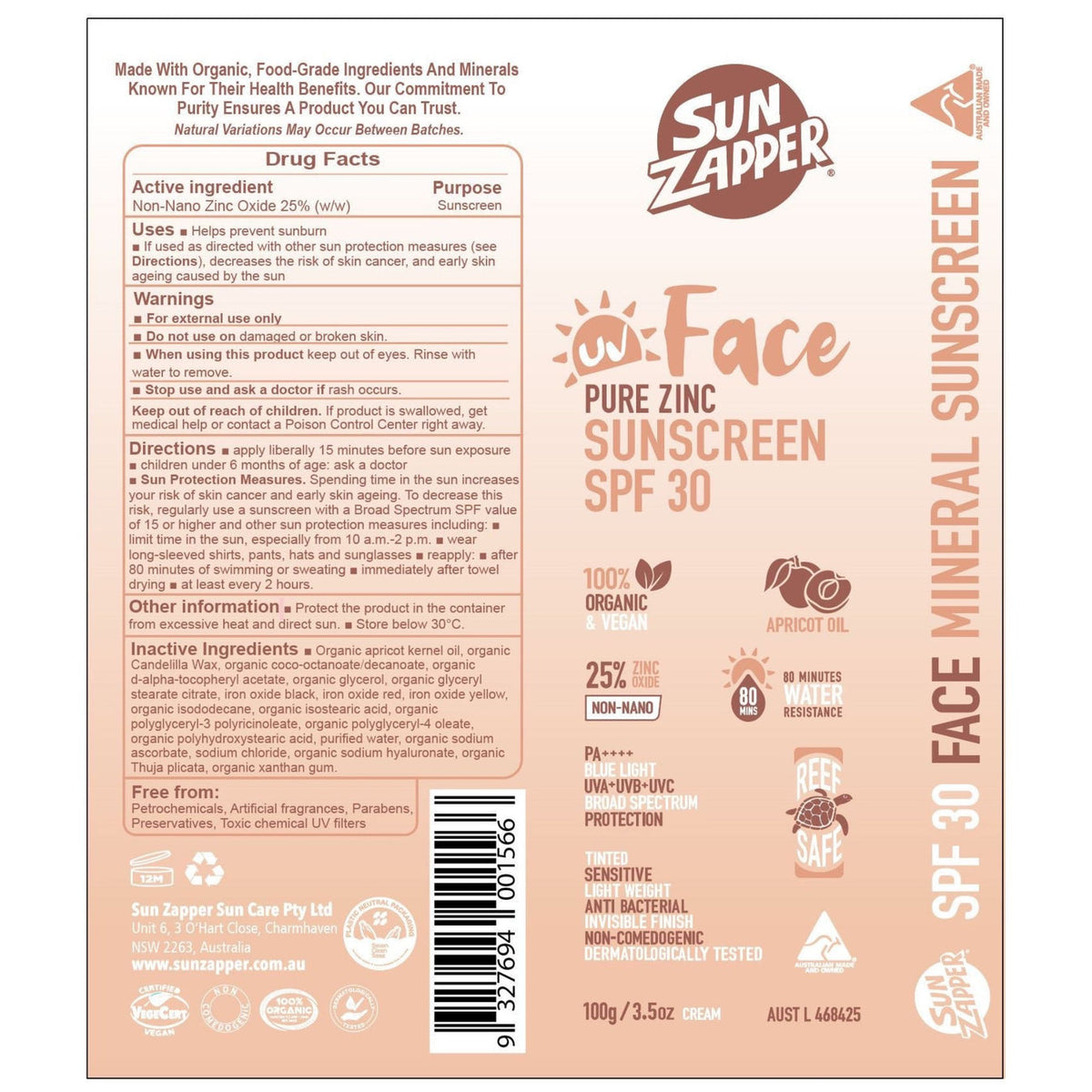 Sun Zapper Pure Zinc Tinted Face Sunscreen SPF30 Pump Bottle - Sunscreen by Sun Zapper 100g
