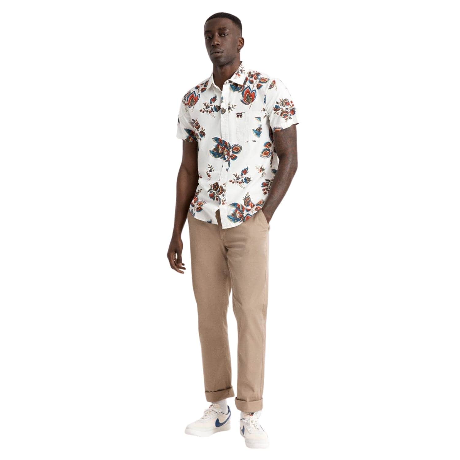 Brixton Charter Print Short Sleeve Woven Shirt - Off White/Red
