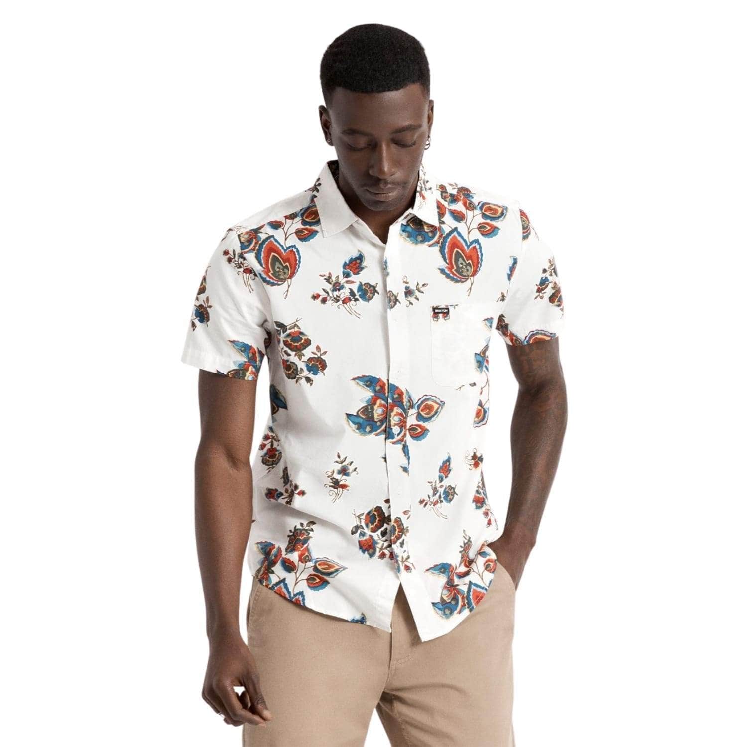 Brixton Charter Print Short Sleeve Woven Shirt - Off White/Red