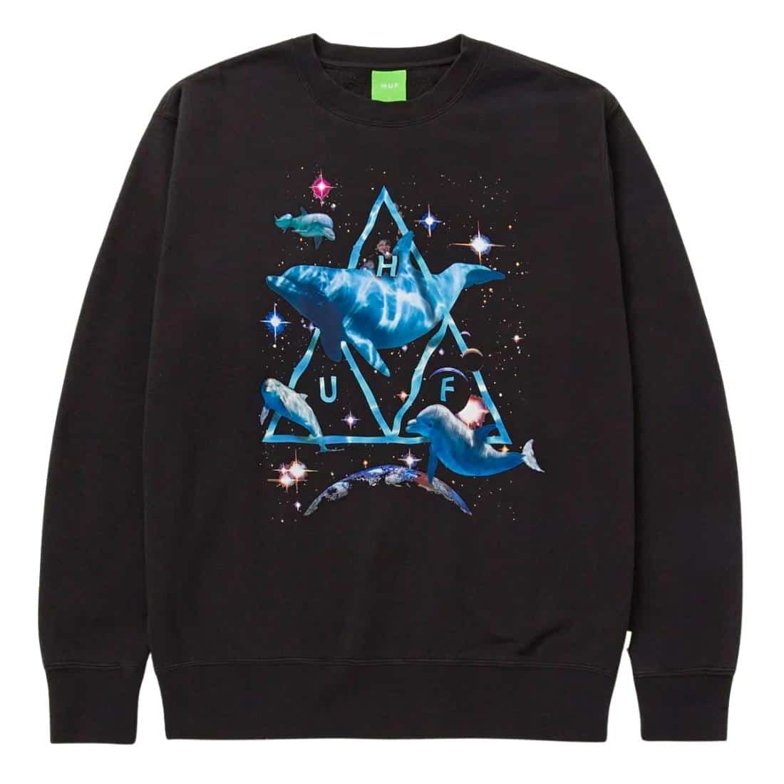 Huf Space Dolphins Washed Crewneck Sweater - Black