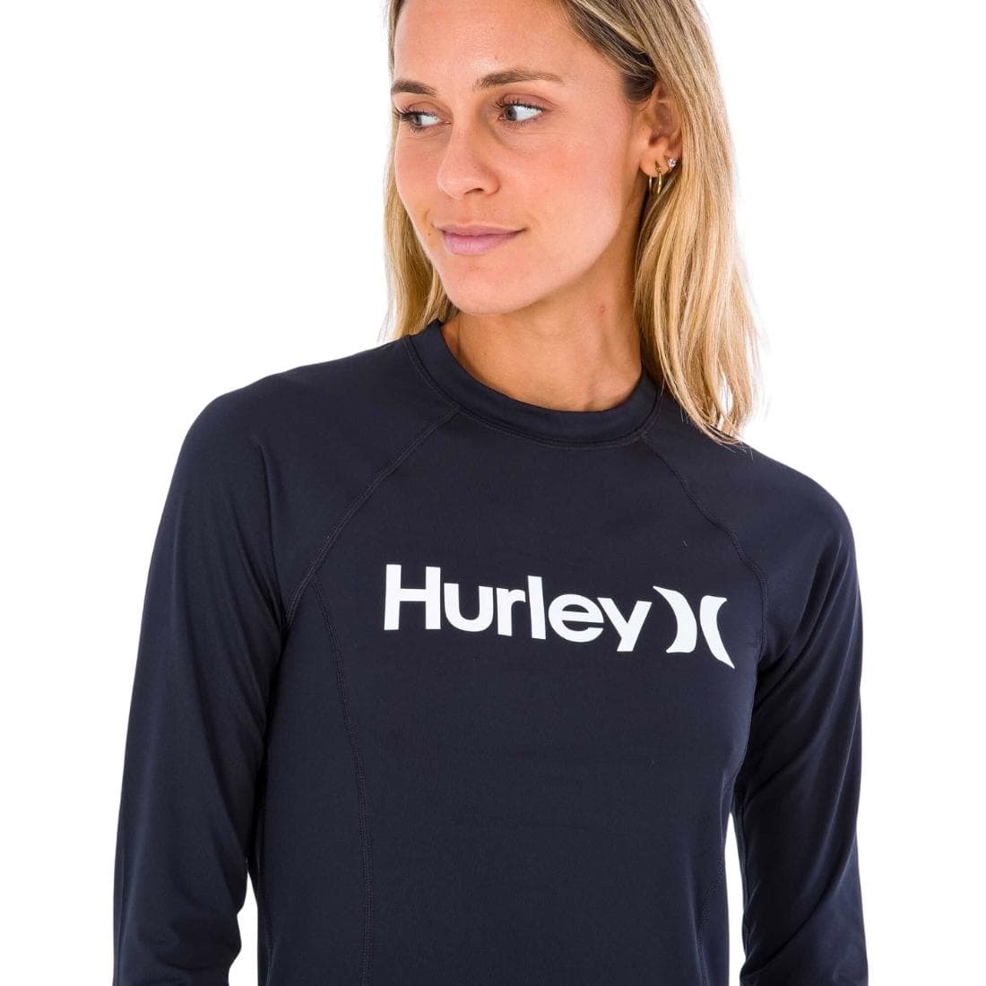 Hurley Womens One &amp; Only Solid Mock Neck Long Sleeve UV Rashguard - Black/White - Womens UV Rash Vest by Hurley